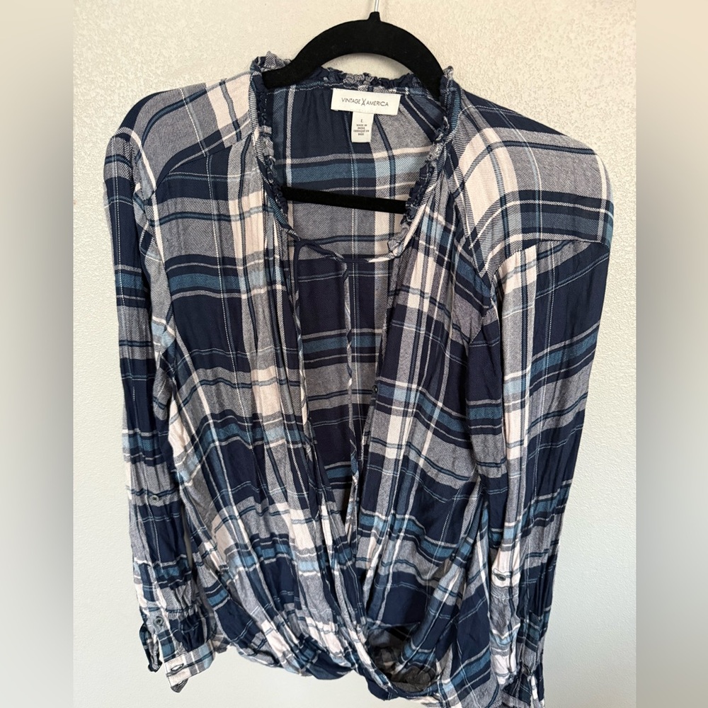 Vintage America Navy and White Plaid Blouse